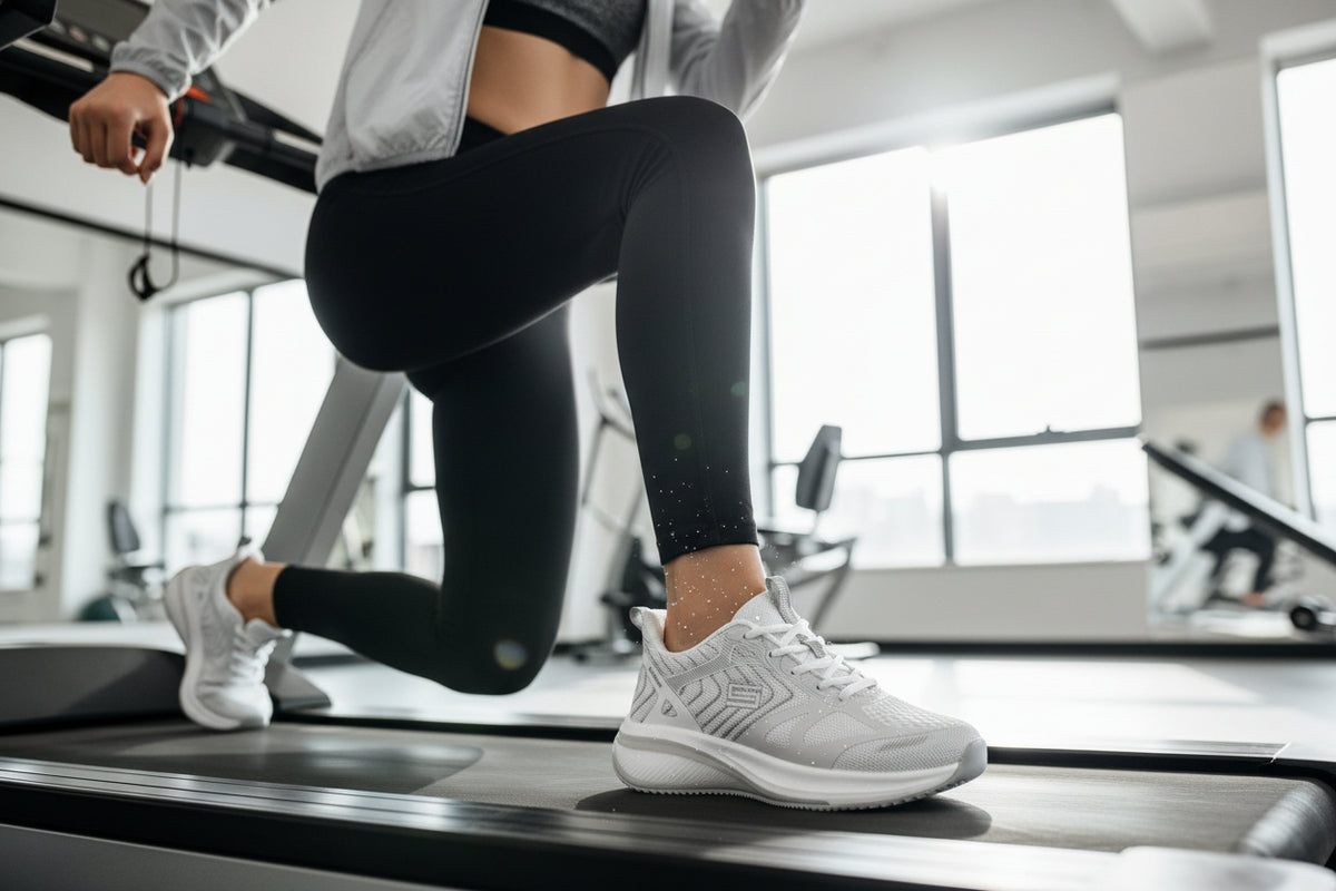 White and blue athletic shoe on a light gray background