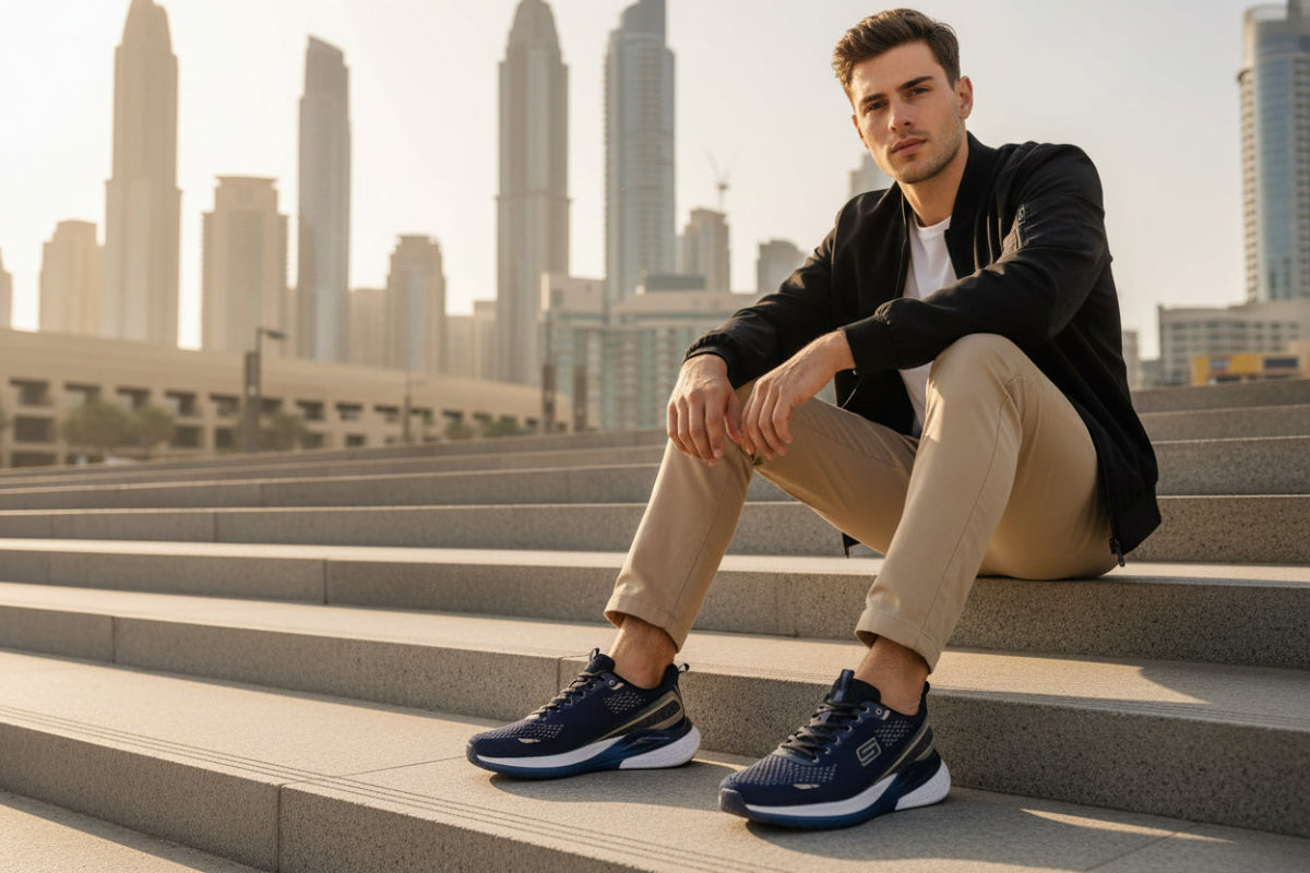 Navy running shoe with white sole on a light gray background