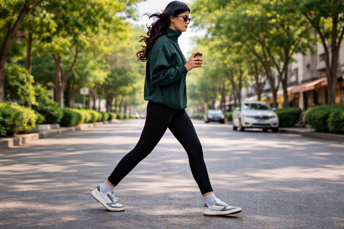 Woman walking on a street holding a coffee cup, wearing a green jacket and black leggings.